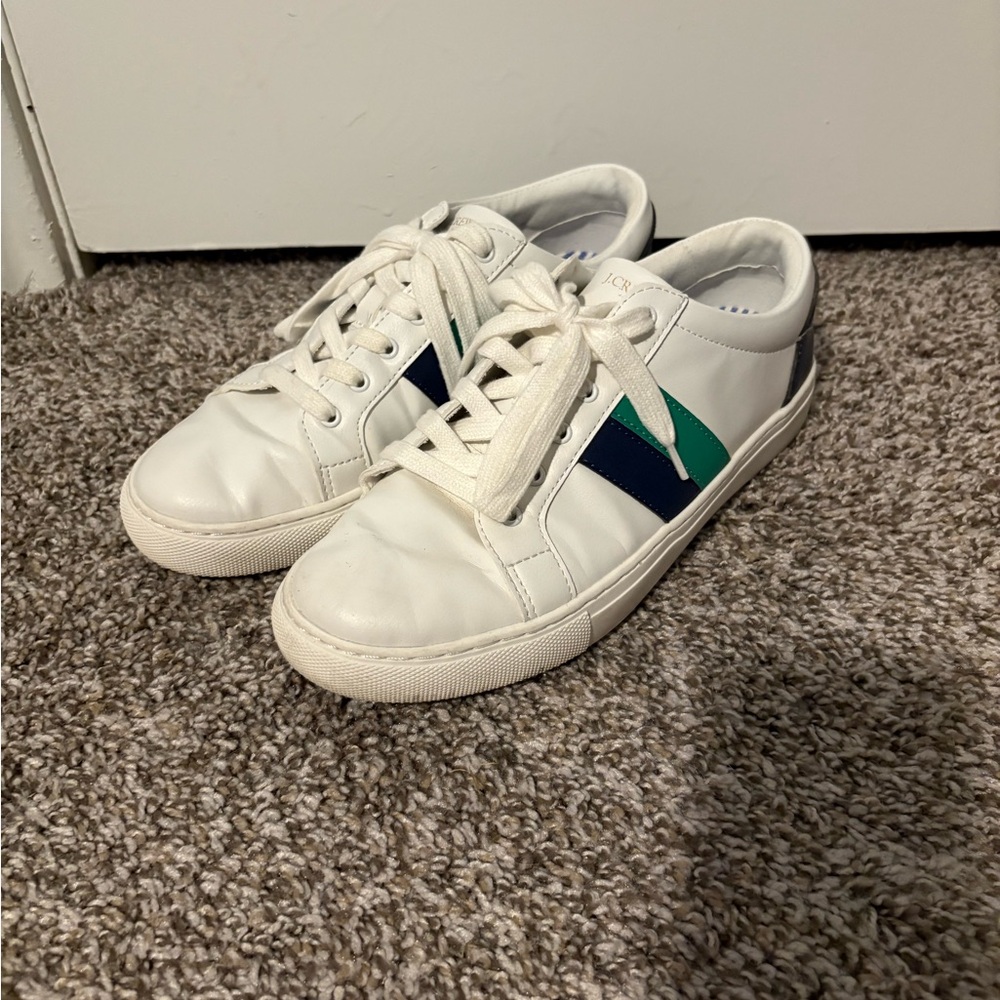 J Crew White Sneakers with Green and Navy Accents